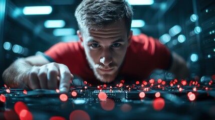 A technician working on a server rack in a data center, surrounded by blinking lights and network equipment, showcasing the behind the scenes work of maintaining online infrastructure.