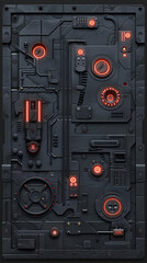 Futuristic industrial panel with glowing orange elements and intricate circuit details.