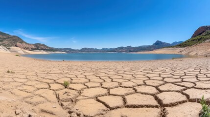 A large body of water is surrounded by a desert landscape