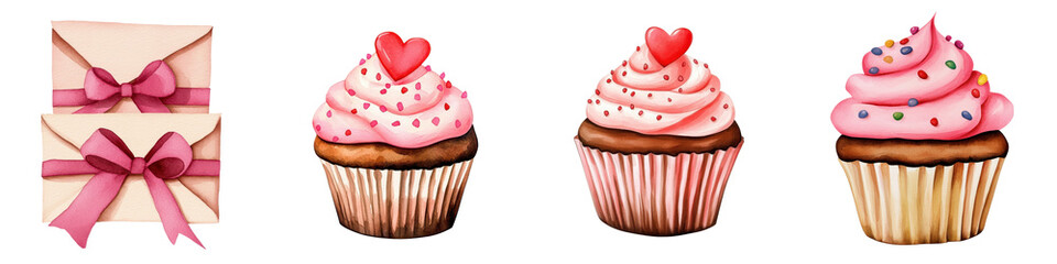 Valentine's Day Galentine gifts. Colorful cupcakes with pink frosting and decorative hearts alongside gift envelopes with ribbons.