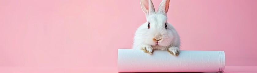 Obraz premium A cute white rabbit rests on a rolled paper against a soft pink background, creating a charming and playful scene.