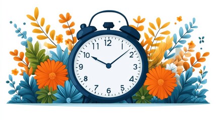 Vintage Alarm Clock Surrounded by Vibrant Flowers and Greenery, Perfect for Illustrating Time, Nature, and Seasonal Changes in a Decorative Style