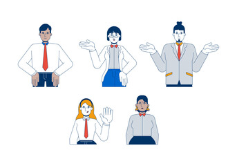 Diverse professionals office workers 2D cartoon characters set. Multiracial suits businesspeople. Business casual adults isolated people flat vector on white background. Spot illustrations collection