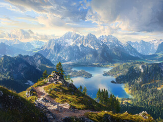 Fototapeta premium Sunrise over lake eibsee mountain peak view nature panorama breathtaking landscape scenic beauty