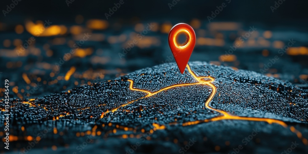 Poster a vibrant map scene featuring a location pin glowing against a dark background, symbolizing navigati