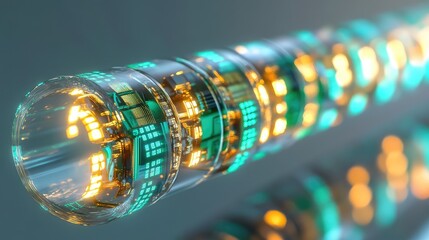 A flexible microchip wrapped around a glass rod, with glowing gold and green pathways symbolizing adaptive technology