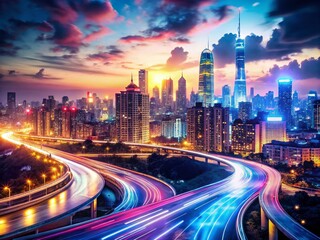 Fototapeta premium Double Exposure City Roadscape: Urban Fantasy Photography, Surreal City Streets, Night City Lights, Road Trip, Asphalt, Cityscape, Dramatic Lighting