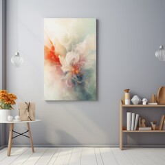 A large, beautiful painting of a vibrant field hangs on a wall