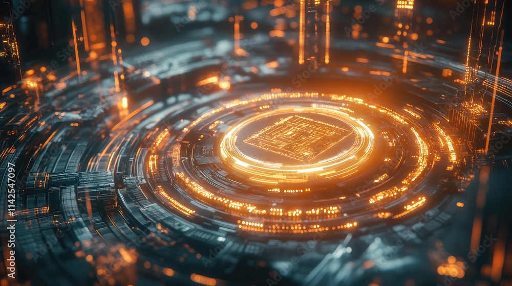 Poster a futuristic ai microchip glowing on glass, surrounded by soft, swirling light patterns representing