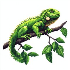 Fototapeta premium Pixel Art Iguana on Branch - Tropical Exotic Vibes in 8-Bit Green | Vector Illustration on White Background