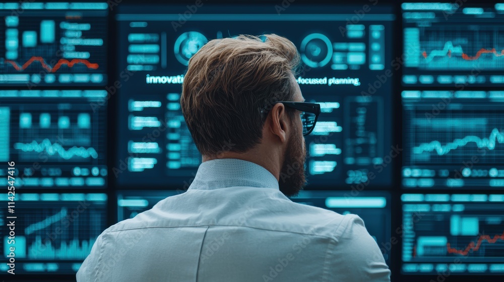 Poster business leader analyzing ai-generated roadmap on multiple screens for innovation and future-ready s