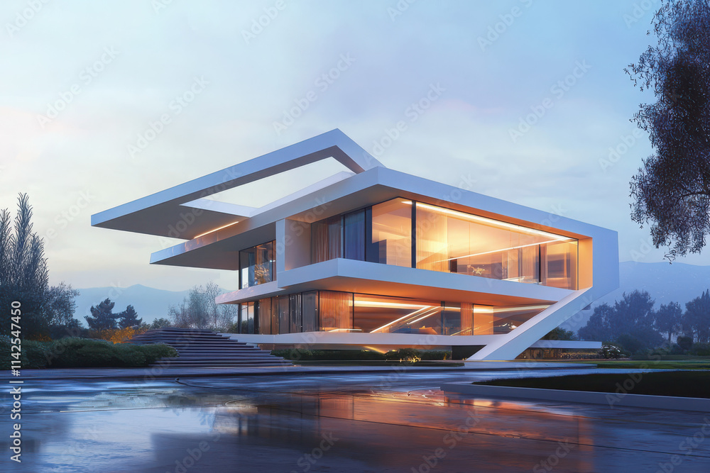 Poster avantgarde home design with angular shapes and bold colors evening light architectural rendering mod