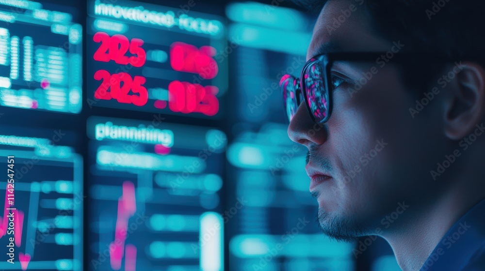 Poster Business leader analyzing ai-generated roadmap on multiple screens in control room