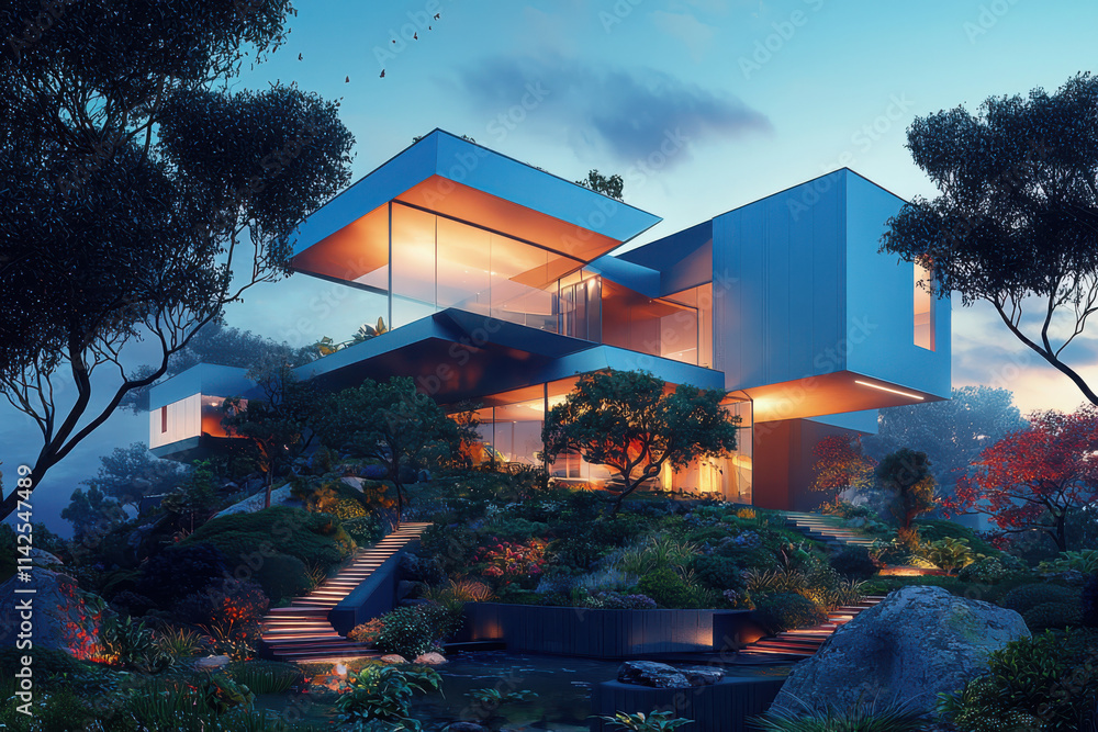 Poster avantgarde home design with angular shapes in soft evening light artistic representation contemporar