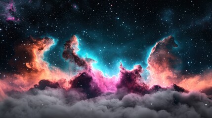 Fototapeta premium A panoramic view of a vast and colorful nebula, with towering pillars of gas and dust sculpted by stellar winds and radiation, revealing intricate fractal structures.