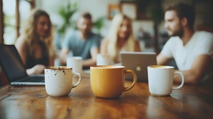 A group of people are sitting around a table with laptops and cups of coffee