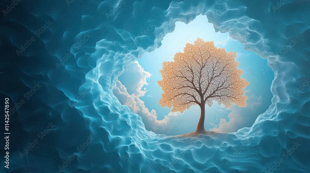 Poster an abstract illustration of a tree of life, its branches reaching towards the heavens and its roots 
