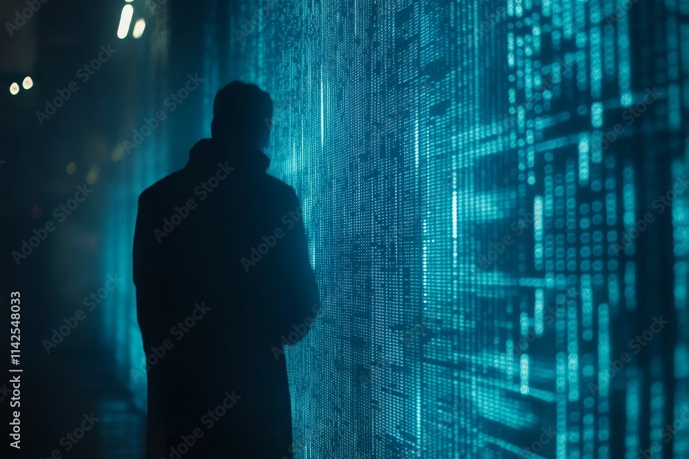 Poster mysterious figure standing in front of a glowing data wall representing technology and cybersecurity