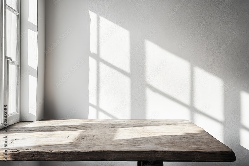 Poster natural light and shadows create artistic patterns on rustic wooden table surrounded by minimalist i