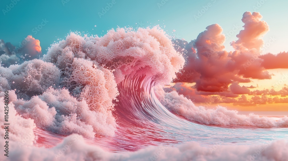 Poster a series of fractal waves crashing on a digital shore, their crests adorned with intricate patterns 