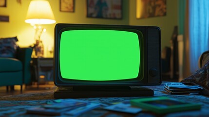 Vintage television set displaying a green screen in a cozy living room with soft lighting and...