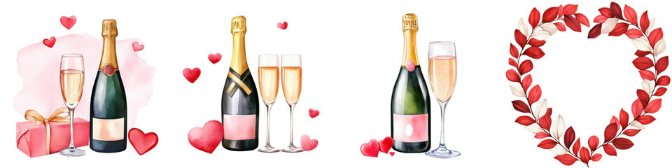 Fototapeta premium Valentine's Day Galentine gifts. Romantic celebration with champagne, glasses, and heart decorations.