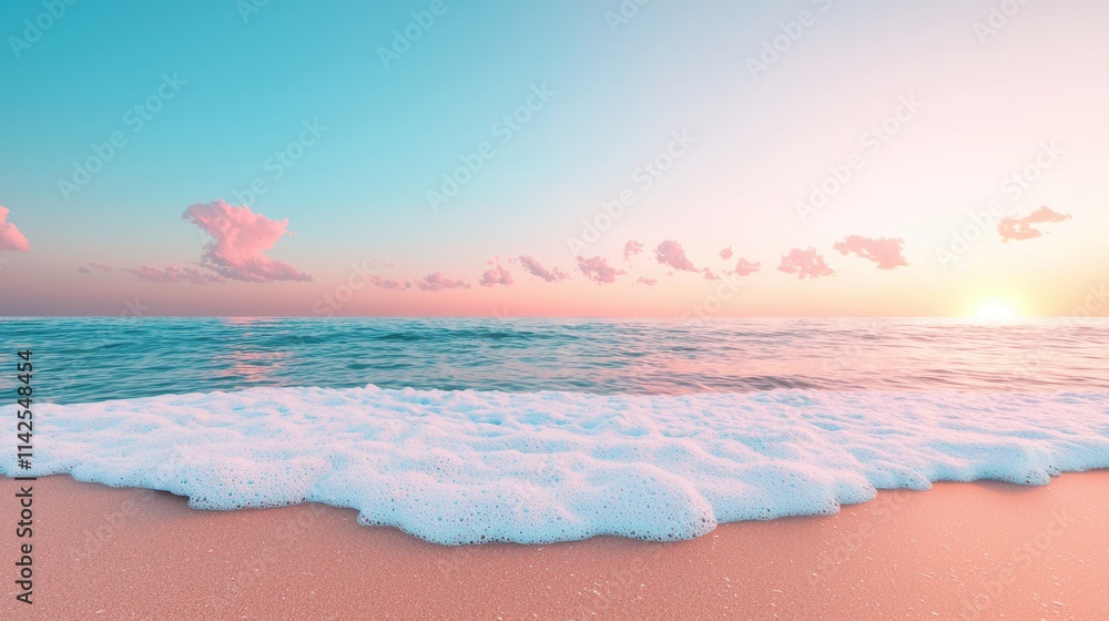 Poster a calming scene of gentle fractal waves lapping at a tranquil beach, with a serene color palette and