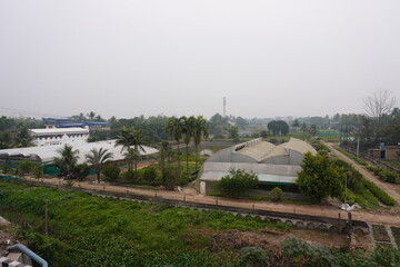 Modern green house on the farm, ariel view