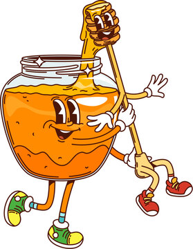 Naklejki Cartoon groovy honey jar and dipper funny hippie sweet dessert characters wearing sneakers with smiling expression. Isolated vector cheerful food personages exude fun and happiness of celebration