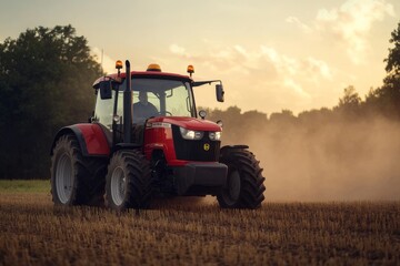 Obraz premium Red Agricultural Tractor Working in Dusty Field During Sunset, Capturing the Essence of Farming and Rural Life with Vibrant Colors and Action