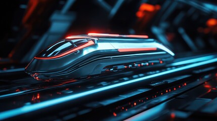 A futuristic bullet train on magnetic levitation tracks, hovering slightly above the rails with glowing accents
