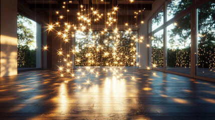 Artistic display of star-shaped fairy lights in a darkened room warm glows and soft shadows interior design concept