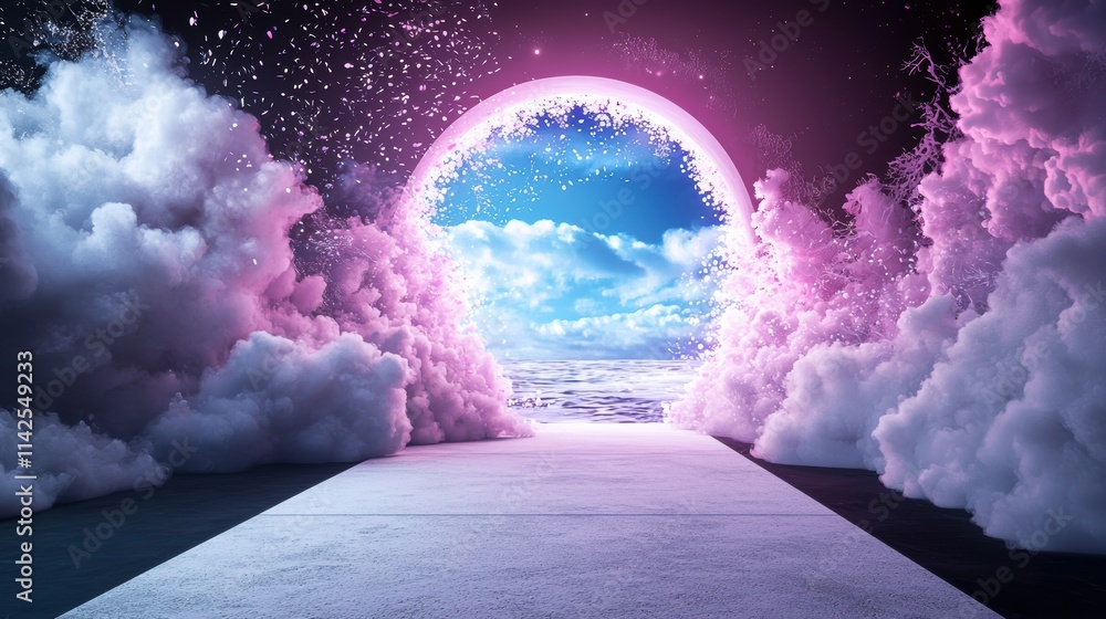 Poster a portal opening to another dimension, with swirling fractal patterns of light and energy beckoning 