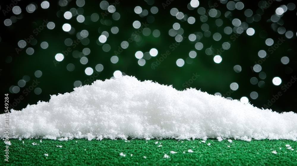 Poster snowy scene with green background and blurred bokeh effect
