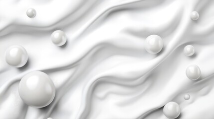 Soft White Fabric with Floating Pearls on a Gentle Wave Background