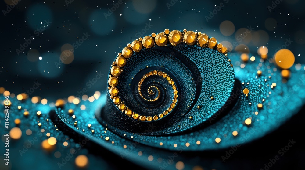 Poster golden spirals wind their way through a field of deep blue, their fractal edges sparkling with intri