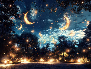 Enchanting serenity glowing moon-shaped lights over starry night sky nature landscape tranquil environment dreamy view