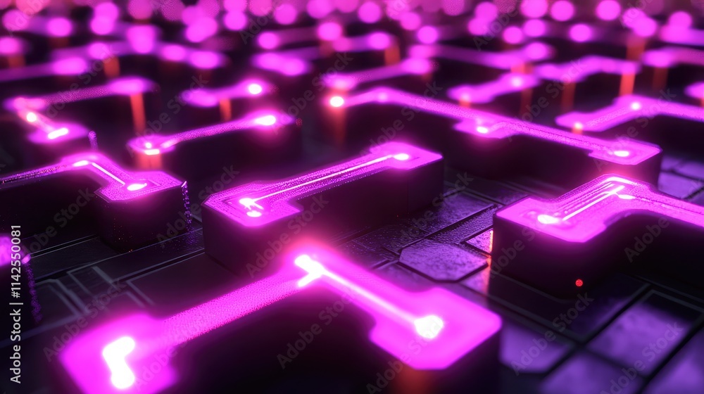 Poster a 3d rendering of a glowing microchip, with illuminated pathways forming a geometric grid pattern sy