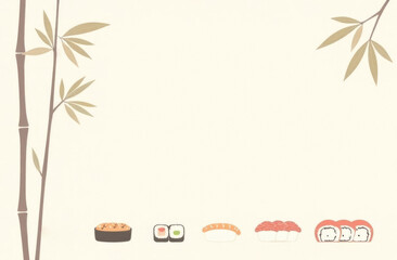 Hand drawn assortment of sushi delights with bamboo frame. Ideal for restaurant menus, recipe blogs, websites, cookbooks