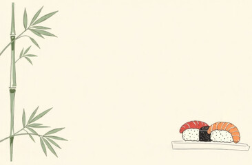 Horizontal empty mockup with sushi and bamboo frame. Ideal for restaurant menus, websites, food blogs, cookbooks, and brand assets for businesses in the culinary industry.