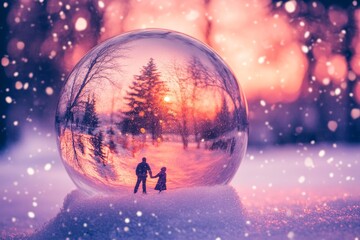Fototapeta premium Romantic Scene in a Snow Globe Capturing a Couple Holding Hands at Sunset Amidst Falling Snow, Symbolizing Winter Love and Magical Moments