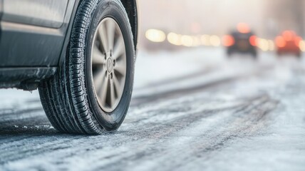 A car tire in motion losing grip on an icy road surface, with visible risk factors like freezing conditions, black ice, and a blurred traffic background
