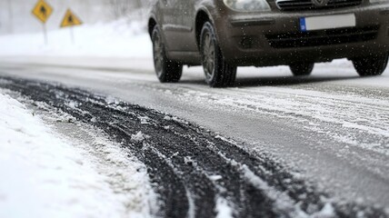A car skidding on a black ice patch on a snowy road, with a closeup of tire marks showing loss of traction and a slippery surface warning sign nearby