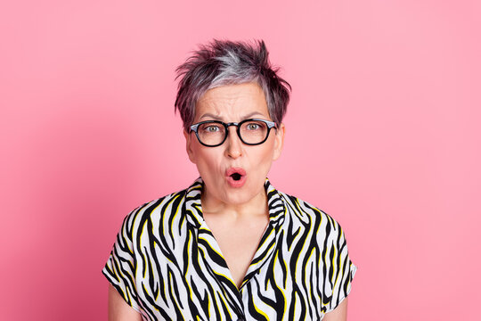 Photo portrait of cute senior woman irritated scream reaction dressed stylish sebra print clothes isolated on pink color background
