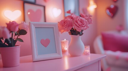 A white rectangular photo frame on a pink tabletop in a cozy living room, creating a romantic Valentine's Day atmosphere with soft lighting, perfect for love and relationship themes.
