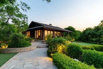 Modern bungalow surrounded by tropical plants dusk setting nature photography enchanting environment