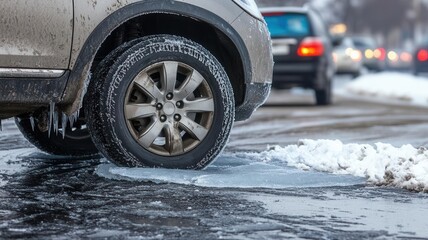 A car s tire struggling to gain traction on a freezing black ice patch, with a blurry traffic background highlighting winter road risks