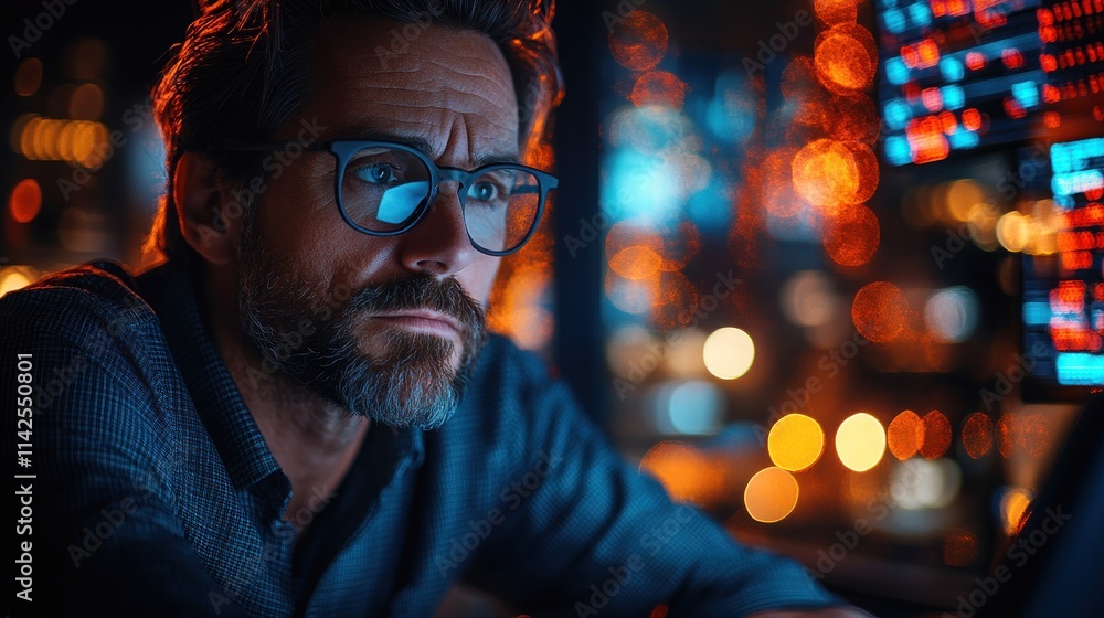 Poster a focused man in glasses, illuminated by screens, contemplating data in a tech environment.