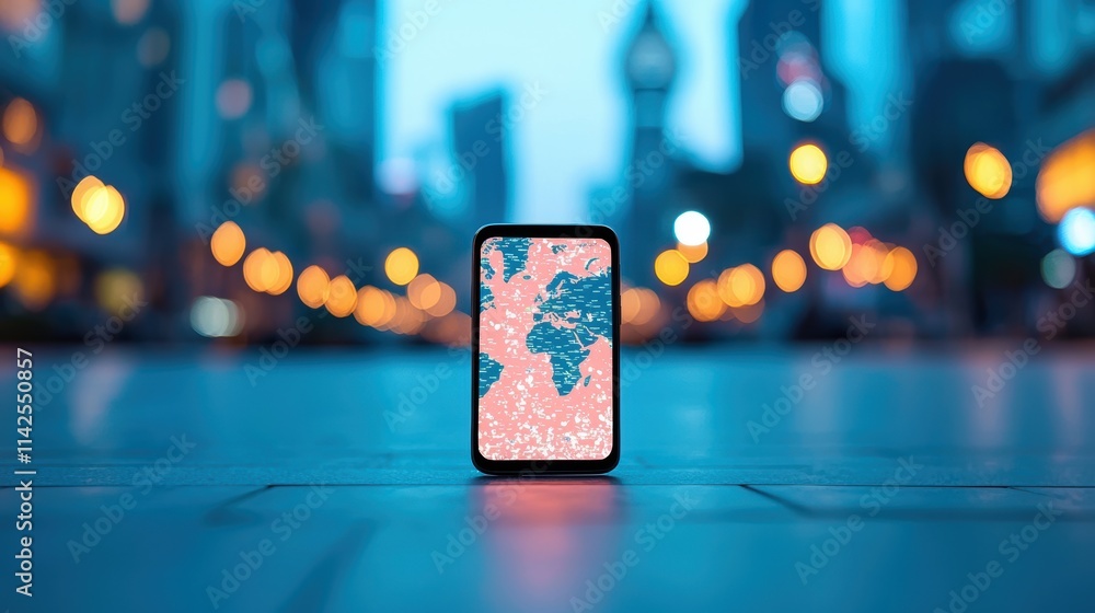 Poster a close up shot of a smartphone displaying a map of the world, highlighting the power of mobile tech