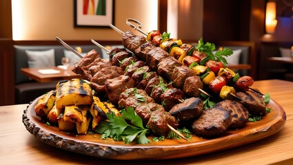 Immerse yourself in the rich flavors of the Middle East with this stunning visual of a traditional Arabic grilled meat platter. This high-resolution image showcases a variety of cooked delicacies.